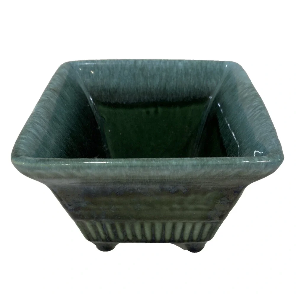 Hull USA Art Pottery Small Square Planter #A2 Green Drip Glaze Mid Century
